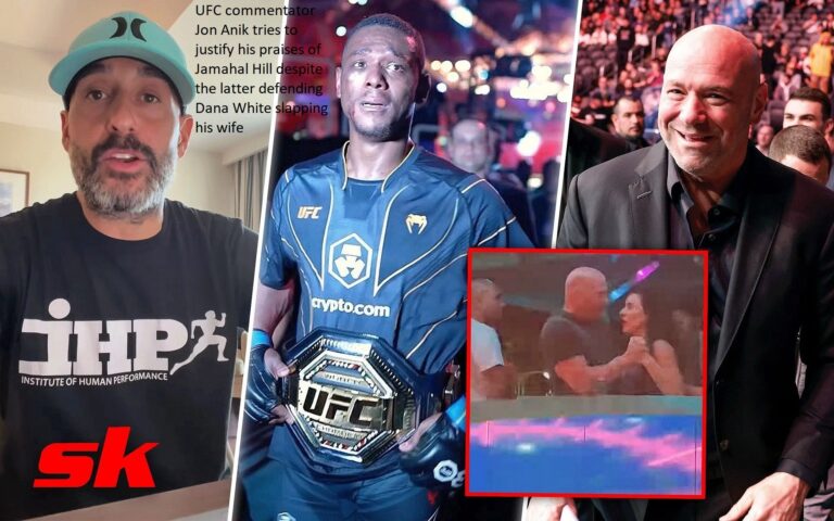 UFC commentator Jon Anik tries to justify his praises of Jamahal Hill despite the latter defending Dana White slapping his wife