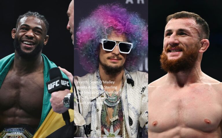Watch: Sean O’Malley meets Aljamain Sterling and Merab Dvalishvili at UFC PI, asks them how much they weigh