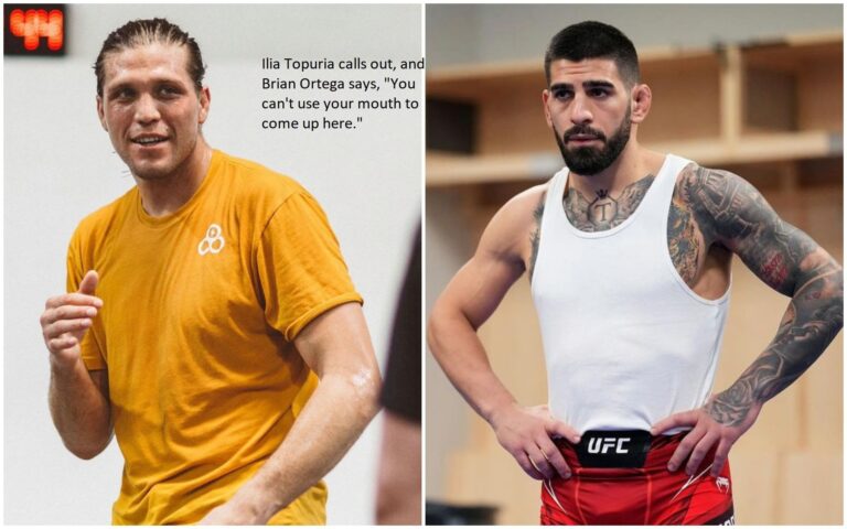 Ilia Topuria calls out, and Brian Ortega says, “You can’t use your mouth to come up here.”