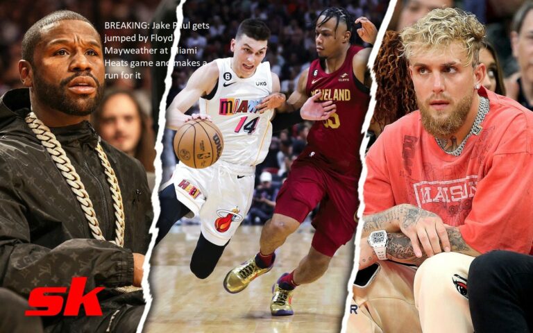 BREAKING: Jake Paul gets jumped by Floyd Mayweather at Miami Heats game and makes a run for it