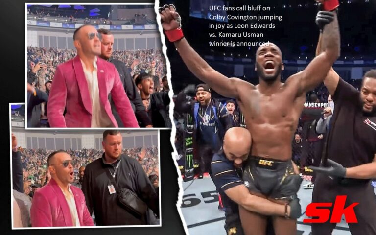 Once the winner of Leon Edwards vs. Kamaru Usman is revealed, UFC supporters cheer and leap on Colby Covington.