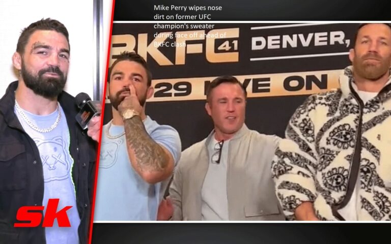 Prior to their face-off against BKFC, Mike Perry cleans his nose dirt off of the jumper of a past UFC champion.