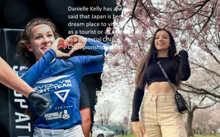 Danielle Kelly displays a Japanese card while feeling the cherry blossom energy