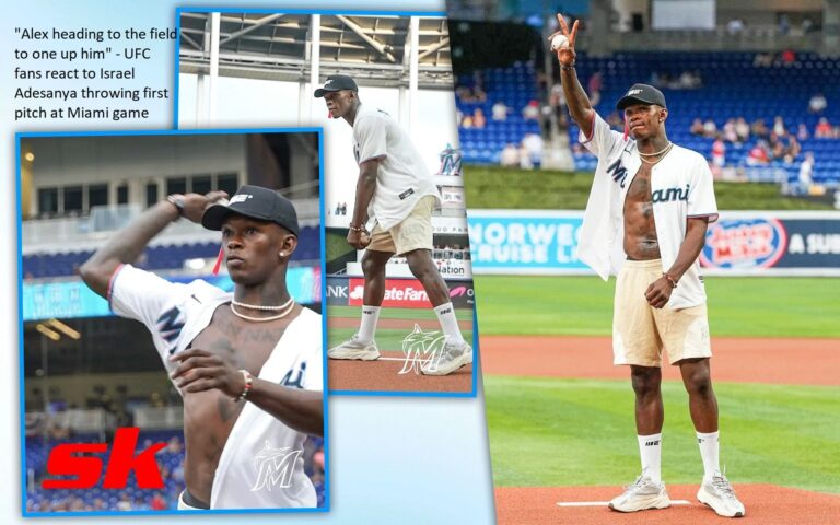 When Israel Adesanya throws the opening pitch at a Miami game, UFC supporters yell, “Alex heading to the field to one up him.”