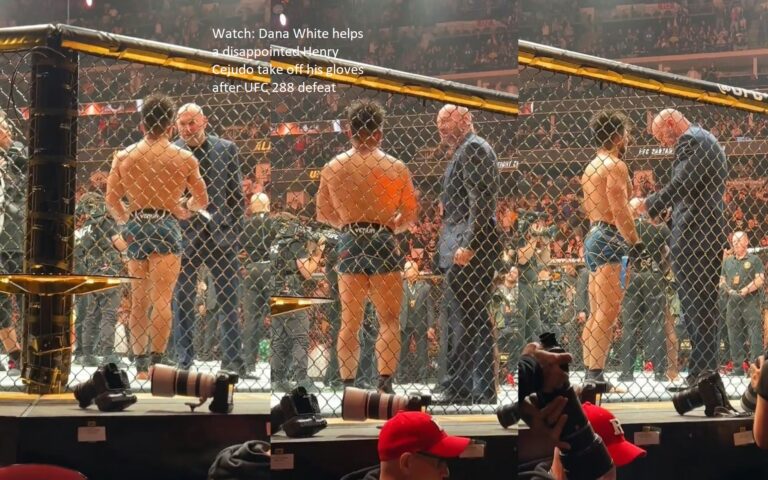 After suffering a defeat at UFC 288, Henry Cejudo is shown here being assisted by Dana White in taking off his gloves.