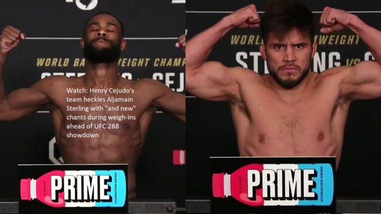 Watch as members of Henry Cejudo’s camp harass Aljamain Sterling with cries of “and new” at the weigh-ins for their upcoming fight at UFC 288.