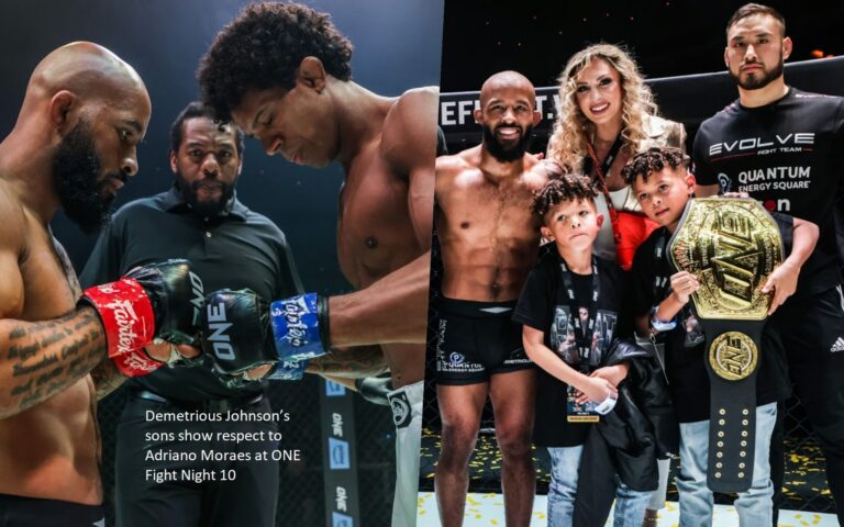 The sons of Demetrious Johnson pay their respects to Adriano Moraes during ONE Fight Night 10 in Las Vegas.
