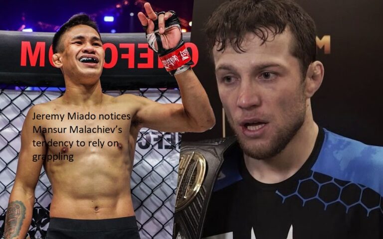 Jeremy Miado observes that Mansur Malachiev frequently relies on grappling as his primary offensive strategy.
