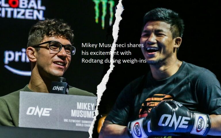 During weigh-ins, Mikey Musumeci expresses to Rodtang his enthusiasm about the fight.