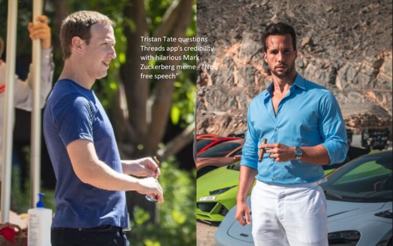 Tristan Tate questions credibility of the Threads app with a humorous meme of Mark Zuckerberg titled “No free speech.”