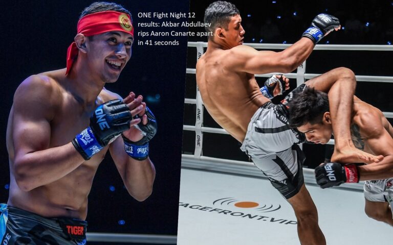 The results of ONE Fight Night 12 are as follows: Akbar Abdullaev finishes Aaron Canarte in just 41 seconds.