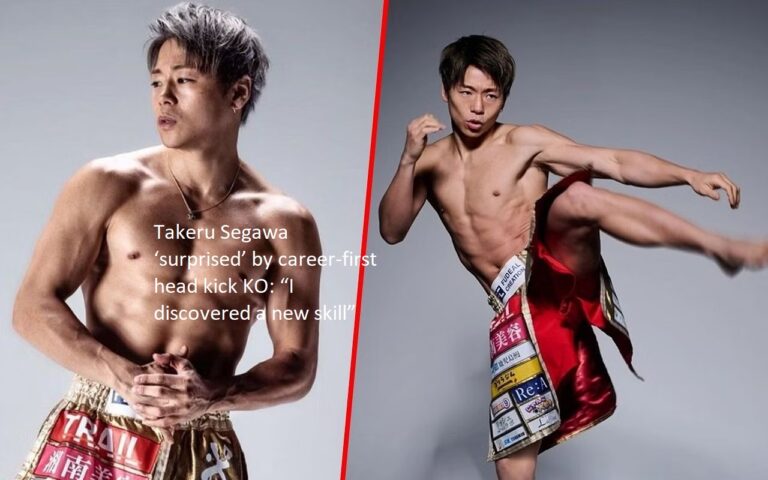 Takeru Segawa called his career-first head kick knockout “surprising,” and he said, “I discovered a new skill.”