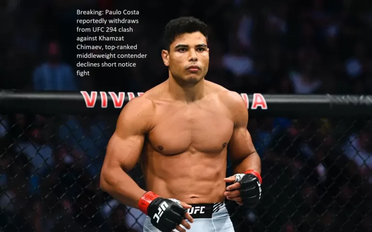 Breaking: It has been reported that Paulo Costa has pulled out of his fight against Khamzat Chimaev at UFC 294, and the top-ranked middleweight contender has declined to fight on short notice.