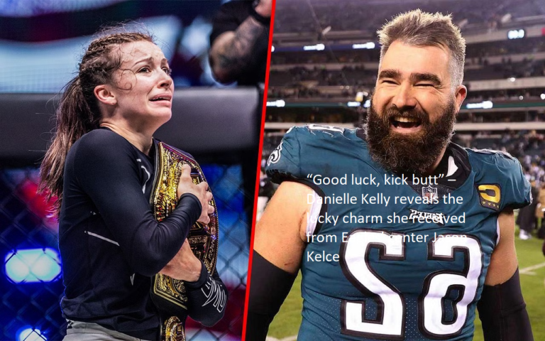 Danielle Kelly discloses that the fortunate charm she received from Eagles center Jason Kelce bears the inscription “Good luck, kick butt.”
