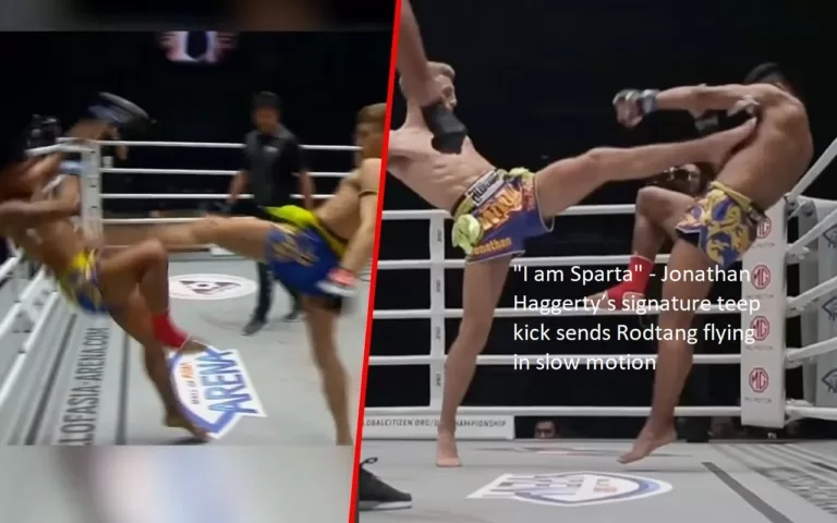 “I am Sparta” – Jonathan Haggerty’s trademark teep kick sends Rodtang soaring in slow motion.