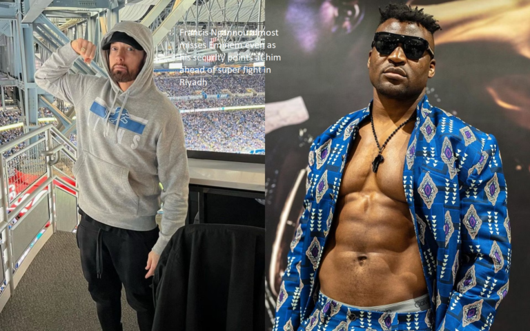 Ahead of their super bout in Riyadh, Francis Ngannou comes dangerously close to missing Eminem, even though his security is pointing at him.