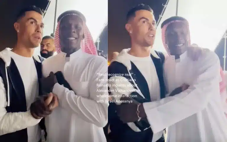 Fans respond with chants of “Real recognize real” as Cristiano Ronaldo engages in a genuine conversation with Israel Adesanya and asks about Alexander Volkanovski.