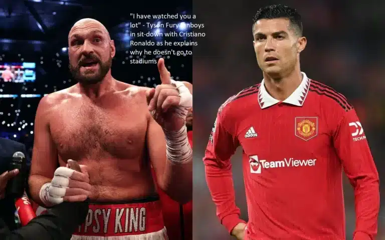 In a sit-down interview with Cristiano Ronaldo, Tyson Fury fanboys Cristiano Ronaldo by saying, “I have watched you a lot.” Ronaldo is explaining to Fury why he doesn’t go to stadiums.