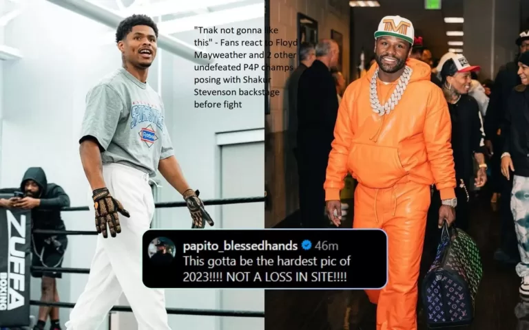 Fans’ reactions when they saw Floyd Mayweather and two other unbeaten P4P champs posing with Shakur Stevenson backstage before the fight: “Tank not gonna like this”