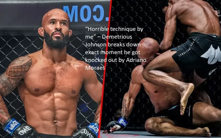 “Horrible technique on my part,” says Demetrious Johnson as he goes down the exact moment when Adriano Moraes knocked him out. Moraes won the fight.
