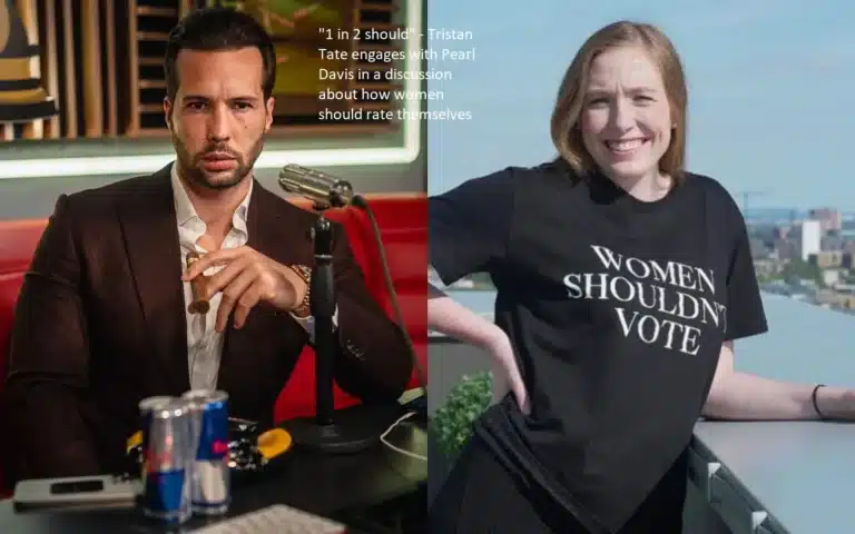 There is a conversation between Pearl Davis and Tristan Tate regarding how women should evaluate themselves. “1 in 2 should” is the title of the conversation.