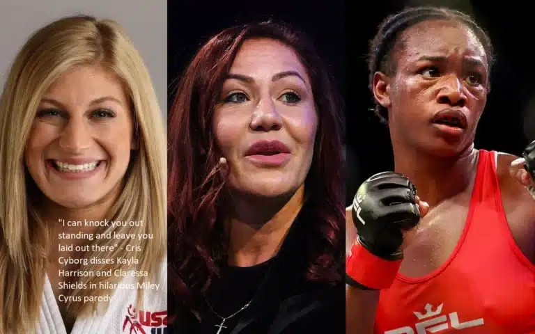 In a hilarious spoof of Miley Cyrus, Cris Cyborg insults Kayla Harrison and Claressa Shields by saying, “I can knock you out standing and leave you laid out there.”