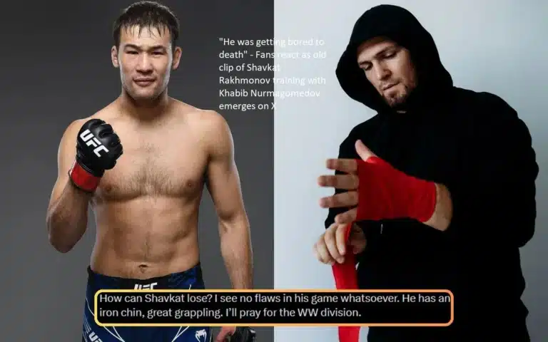 Fans express their reactions as an old video clip of Shavkat Rakhmonov practicing with Khabib Nurmagomedov is broadcast on X. “He was getting bored to death,” they think.