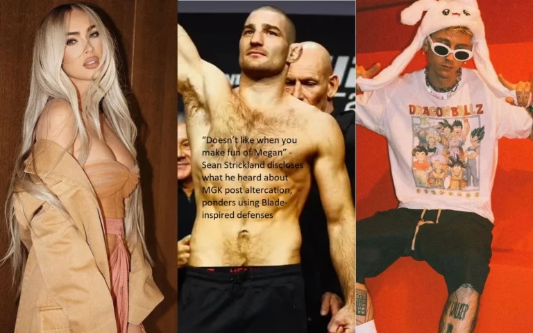 “Doesn’t like when you make fun of Megan,” Sean Strickland says after the altercation, revealing what he heard about MGK. He also expresses his consideration of employing defenses that are influenced by Blade.