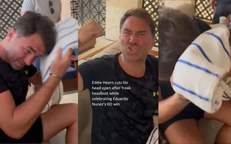 Eddie Hearn suffers a bizarre headbutt that causes him to slash his head open when he is celebrating Eduardo Nunez’s knockout victory.