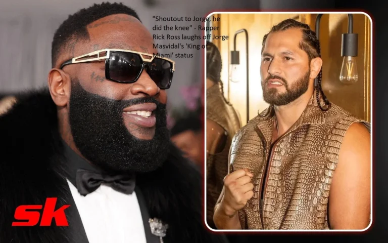 The rapper Rick Ross laughs off Jorge Masvidal’s title as the “King of Miami” by saying, “Shoutout to Jorge, he did the knee.”