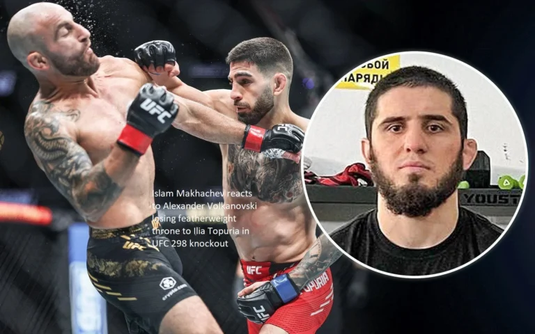 A reaction from Islam Makhachev to the news that Ilia Topuria knocked out Alexander Volkanovski at UFC 298 and took the featherweight title away from him