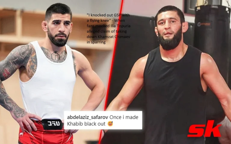 The phrase “I knocked out GSP with a flying knee” was used by fans to make fun of Ilia Topuria’s purported claim that she had defeated Khamzat Chimaev during a fighter’s match.